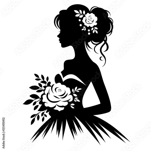 Bride holding floral bouquet silhouette in wedding scene