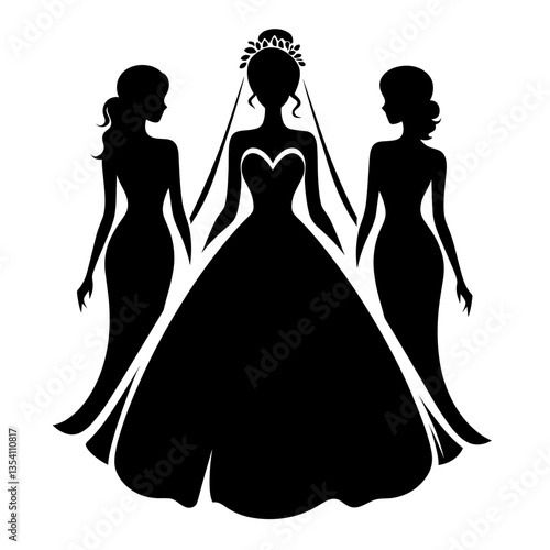 Bride with bridesmaids silhouette in elegant dresses