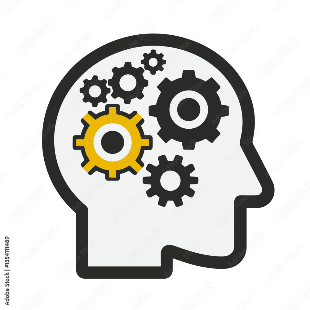 Head with gears icon featuring a human silhouette enriched with mechanical elements in a modern flat design Head with gears icon featuring a human silhouette enriched with mechanical elements in a modern flat design