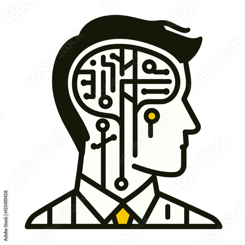 Abstract mind icon featuring a human profile integrated with circuit patterns in a modern flat design