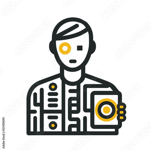 Manager with network icon depicting human figure holding device in modern flat design