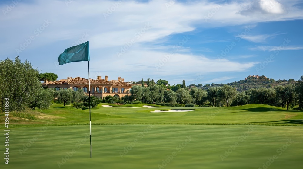 Obraz premium luxury golf course green with villa in background