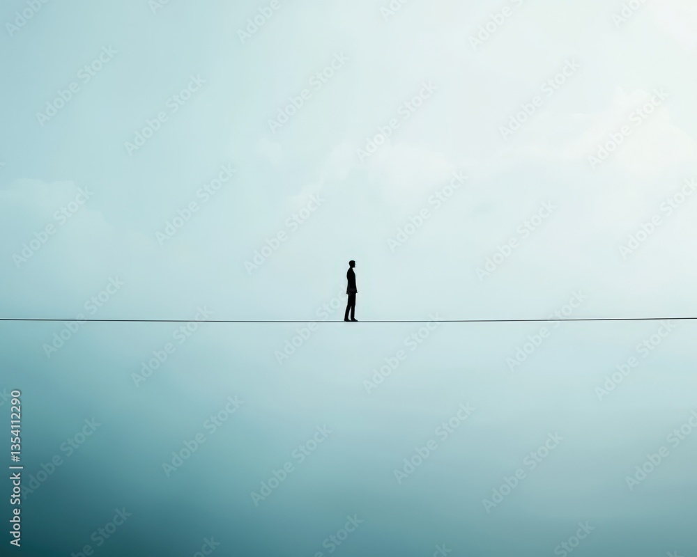 Obraz premium A surreal depiction of job stability as a tightrope walker balancing.