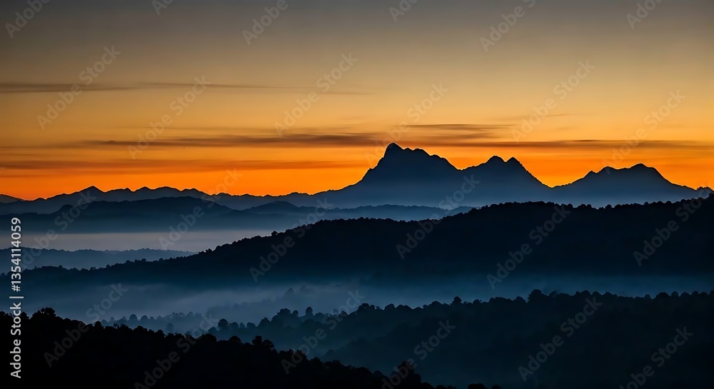 Obraz premium A mountain silhouette with a foggy morning atmosphere. 