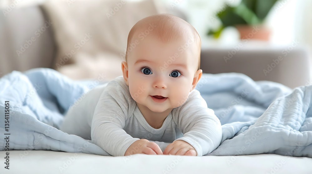 A baby in a white onesie lies on a blue blanket, smiling. A baby in a white onesie lies on a blue blanket, smiling.