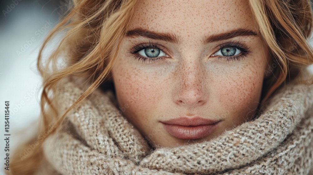 A woman with freckles wearing a scarf in the snow A woman with freckles wearing a scarf in the snow