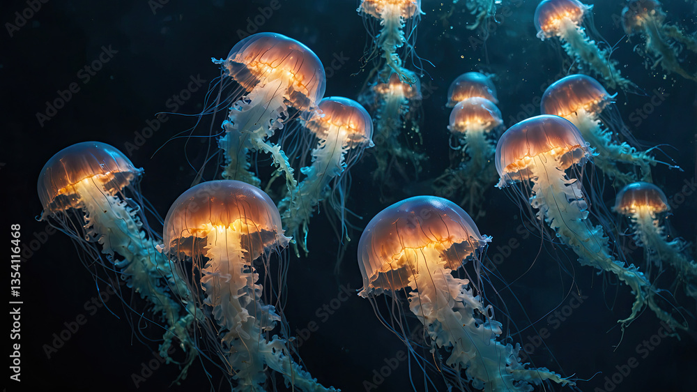 Group of moon jellyfish, known as Aurelia aurita, gracefully drift through the deep ocean. Their translucent bodies glow with soft, ethereal light, creating a mesmerizing underwater scene