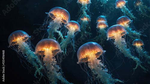 Obraz na płótnie Group of moon jellyfish, known as Aurelia aurita, gracefully drift through the deep ocean. Their translucent bodies glow with soft, ethereal light, creating a mesmerizing underwater scene w salonie