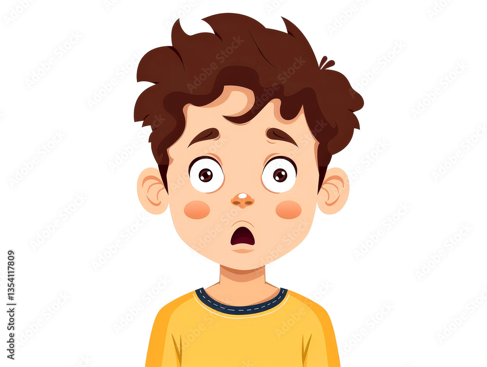 Obraz premium Portrait of small boy looking shocked on white background. Frightened face of little boy with opening her mouth showing fear, stress. Close-up. Copy space.