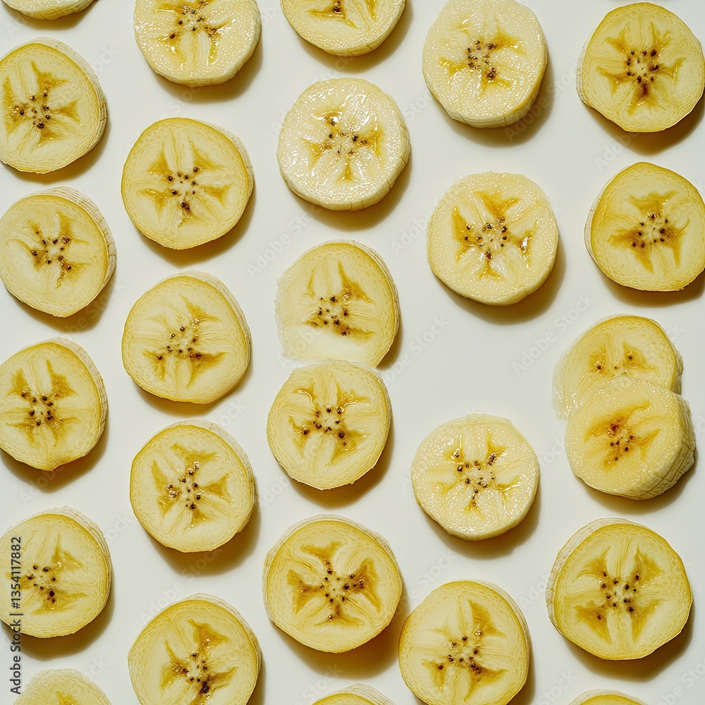 Fresh banana slices arranged on white background. A healthy, nutritious snack Fresh banana slices arranged on white background. A healthy, nutritious snack