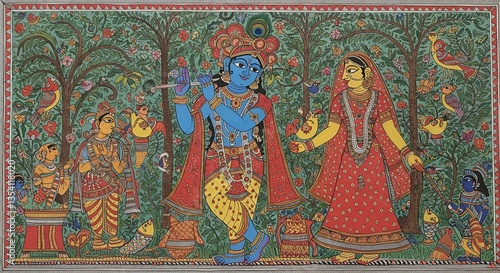 Lord Krishna and Radha is done in the traditional Madhubani or Pattachitra style. 