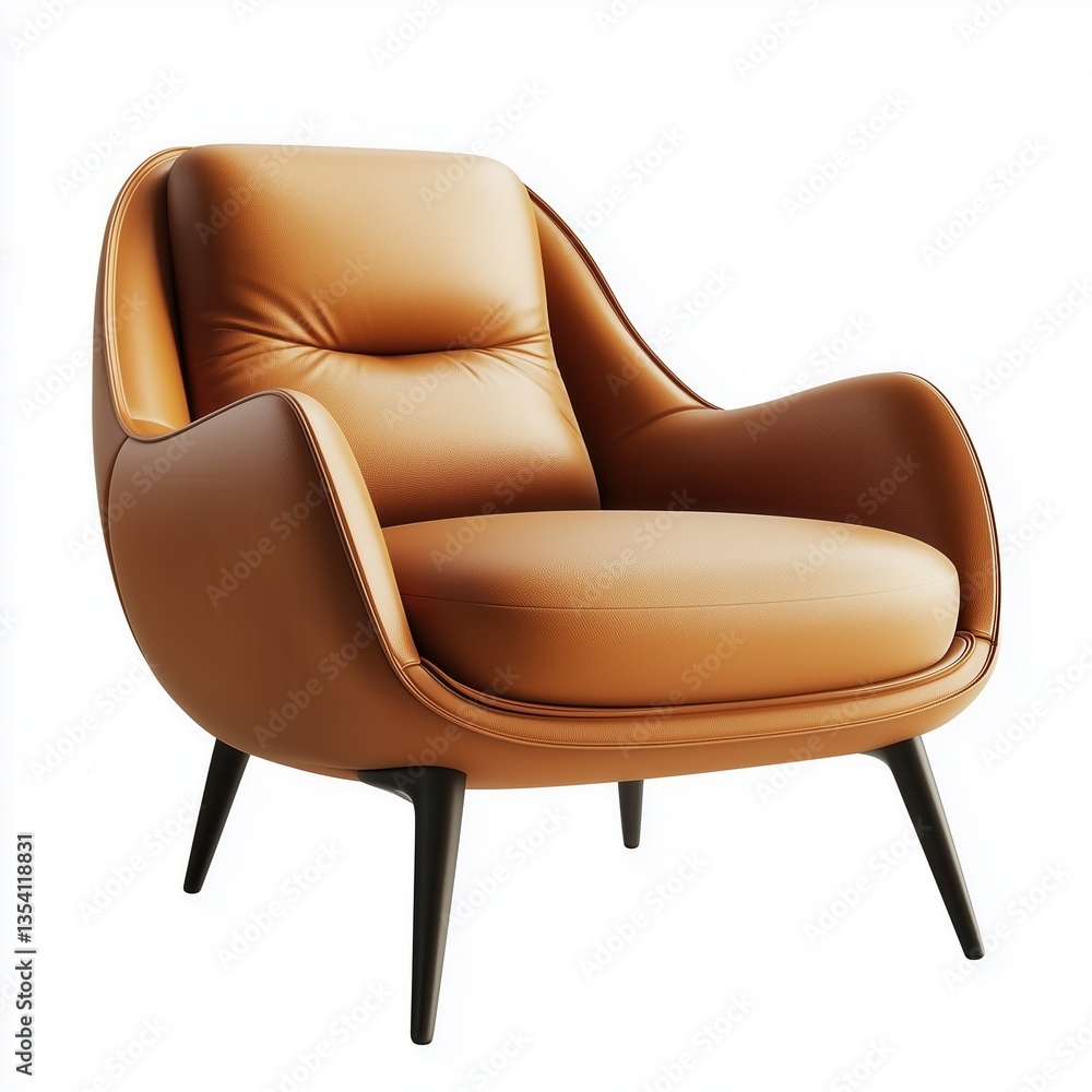 Modern brown leather armchair with curved ergonomic design, plush cushioned seat, and black wooden legs, luxury interior decor furniture isolated on white background Modern brown leather armchair with curved ergonomic design, plush cushioned seat, and black wooden legs, luxury interior decor furniture isolated on white background