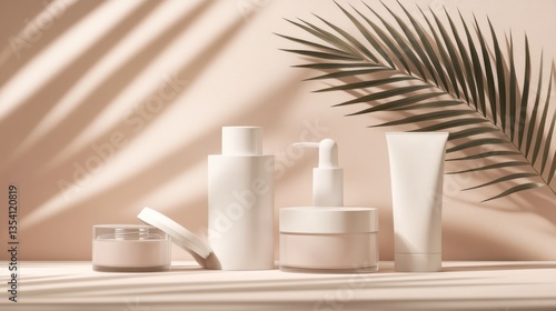 Cosmetic Products Display with Palm Leaf