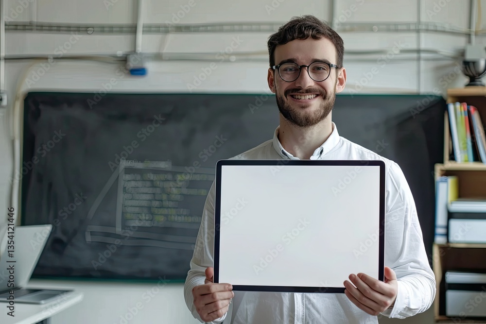 Flawless Picture of Smiling Young Teacher with Blank Screen Laptop Flawless Picture of Smiling Young Teacher with Blank Screen Laptop