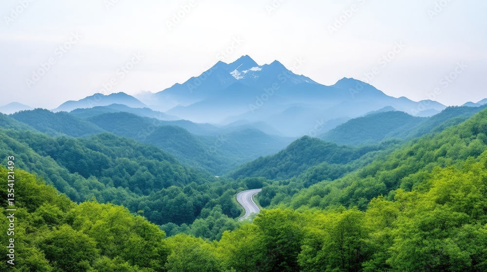 Misty mountain range with winding road. Lush green forests and peaks Misty mountain range with winding road. Lush green forests and peaks