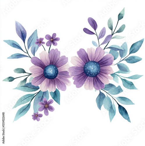 Watercolor pastel floral swag with a white background, roses and foliage, simple and clean, purple and teal.
