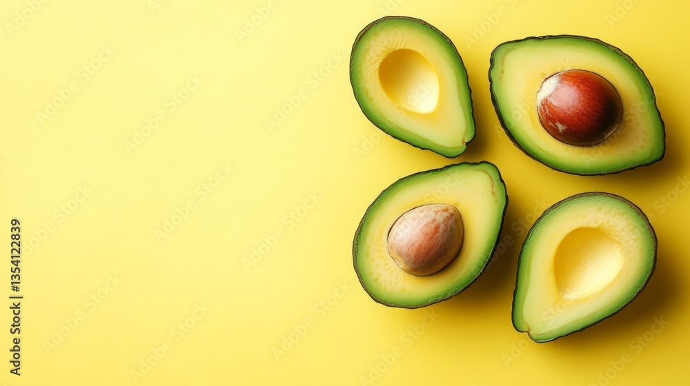 Vibrant halved avocados displayed on a bright yellow background for a fresh aesthetic Vibrant halved avocados displayed on a bright yellow background for a fresh aesthetic
