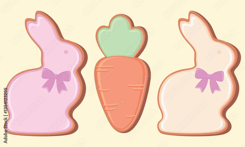 Vector illustration of easter gingerbread cookies in form of bunnies and carrot. Vector illustration of easter gingerbread cookies in form of bunnies and carrot.
