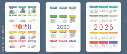 Calendar 2026. Colorful vector set. Pocket calender collection. Week starts on Sunday. Basic grid template for print