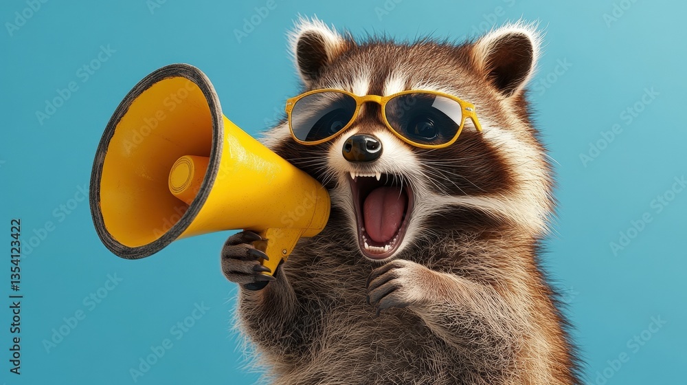 Fototapeta premium A raccoon in yellow sunglasses joyfully shouts into a yellow mehone against a vibrant blue background, embodying fun and playful energy in nature.