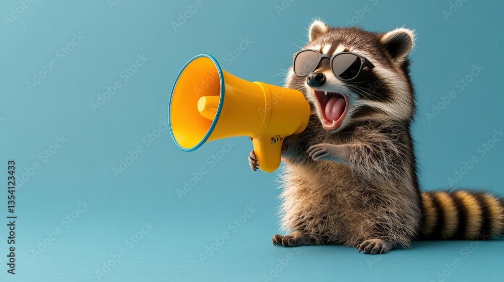 Fototapeta premium A stylish raccoon wea sunglasses holds a vibrant yellow mehone, enthusiastically shouting against a cheerful light-blue background setting.