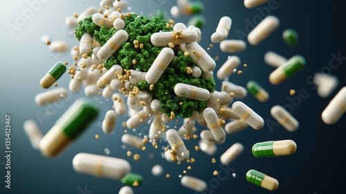 Three-dimensional rende of a complex green protein structure surrounded by white and green capsules symbolizing ed drug delivery methods