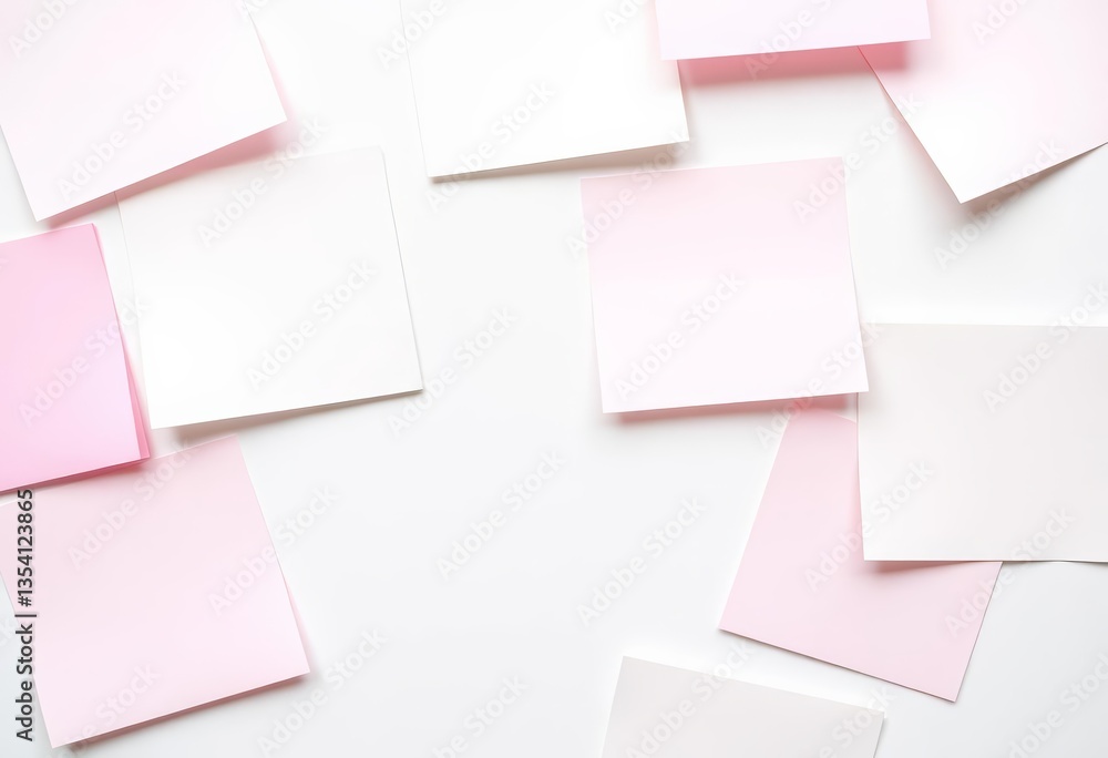 Close-up of several blank white sticky notes on a white background, notes, supplies Close-up of several blank white sticky notes on a white background, notes, supplies