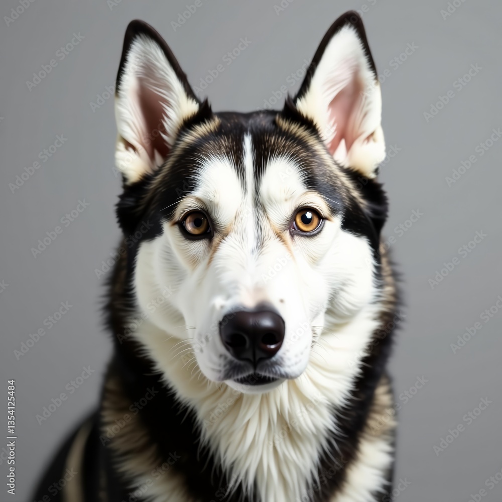 Close-up of Siberian Husky staring intently at the camera on gray backdrop, domestic, dog, portrait Close-up of Siberian Husky staring intently at the camera on gray backdrop, domestic, dog, portrait