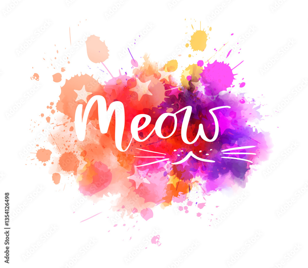 Obraz premium Meow - handwritten modern calligraphy lettering on abstract watercolor paint splash background.