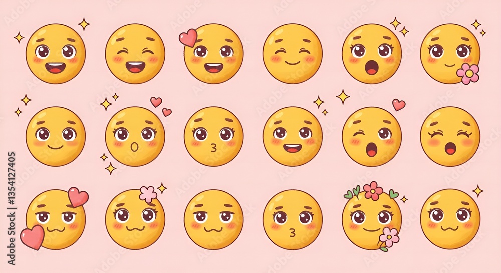 a collection of adorable emoji faces with various expressions, arranged in a grid on a soft pink background. a collection of adorable emoji faces with various expressions, arranged in a grid on a soft pink background.