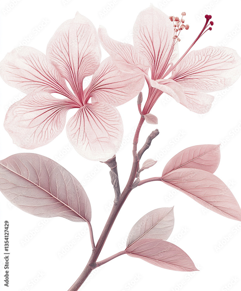 Fototapeta premium Delicate pink Bauhinia flowers with leaves on white background