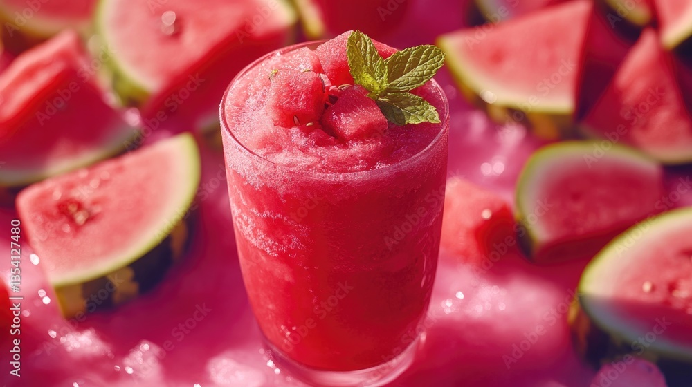 Refreshing Watermelon Slush: A vibrant close-up showcases a refreshing watermelon slush served in a glass, garnished with a sprig of mint, surrounded by juicy watermelon slices on ice. Refreshing Watermelon Slush: A vibrant close-up showcases a refreshing watermelon slush served in a glass, garnished with a sprig of mint, surrounded by juicy watermelon slices on ice.