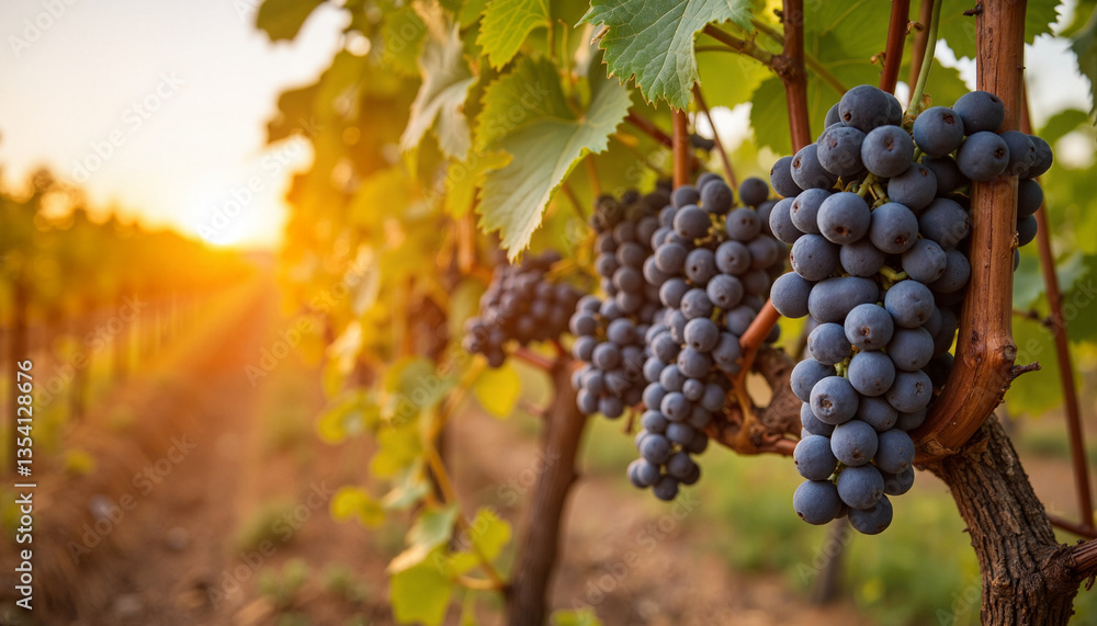 Fototapeta premium Juicy grapes hanging on vine trellis at sunset, summer harvest, copy space