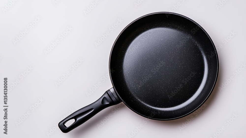 Empty speckled black frying pan on white background, overhead view ready for cooking Empty speckled black frying pan on white background, overhead view ready for cooking