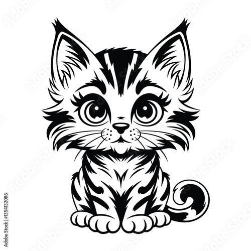Adorable Black and White Kitten Vector Illustration, Cute Furry Kitten in Symmetrical Ink Style, Bold Monochrome Cat Artwork for Digital Use, Black and White Cute Kitten Vector