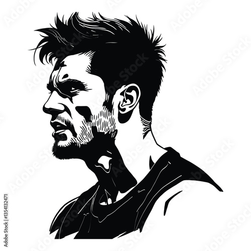 High-Contrast Vector Illustration of a Male Athlete, Black and White Sports Portrait with Intense Expression, Dynamic Sports Star Illustration in Bold Graphic Style, Black and White Sports Athlete