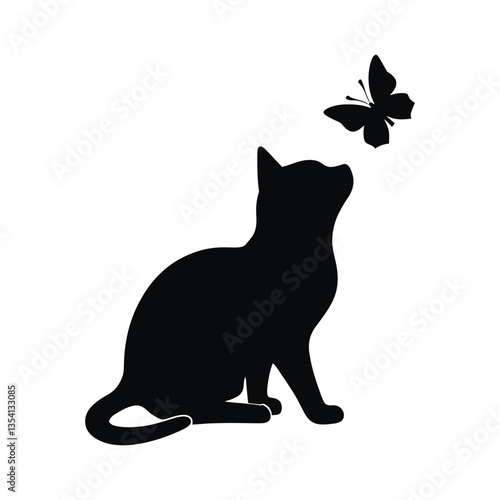 Playful Cat Reaching for a Butterfly Silhouette, Minimalist Black Cat and Butterfly Vector Illustration, Elegant Feline and Butterfly Silhouette for Digital Art, Cat and Butterfly Silhouette Vector