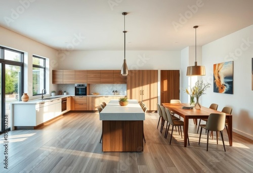 Open-plan kitchen and dining area with modern minimalist design  natural light  apartment  plants