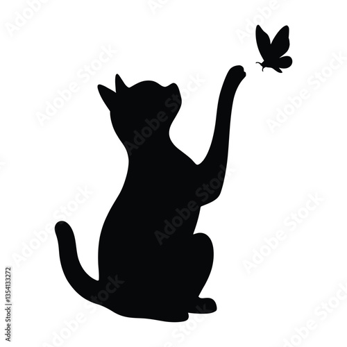Playful Cat Reaching for a Butterfly Silhouette, Minimalist Black Cat and Butterfly Vector Illustration, Elegant Feline and Butterfly Silhouette for Digital Art, Cat and Butterfly Silhouette Vector