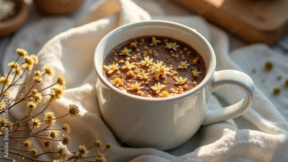 Creamy chocolate mug cake with edible flowers on white cloth Creamy chocolate mug cake with edible flowers on white cloth