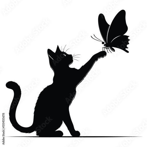 Playful Cat Reaching for a Butterfly Silhouette, Minimalist Black Cat and Butterfly Vector Illustration, Elegant Feline and Butterfly Silhouette for Digital Art, Cat and Butterfly Silhouette Vector