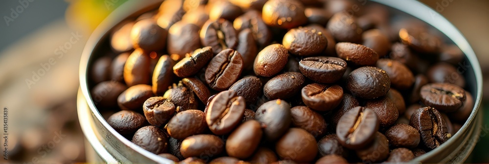 Fototapeta premium Close-up of freshly roasted coffee beans in metal container