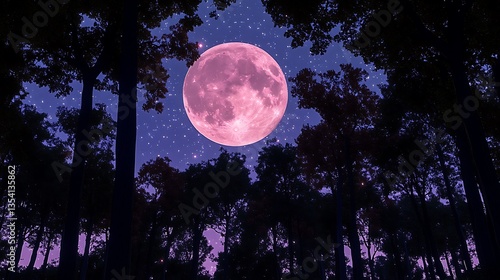 Pink full moon shining through dark forest trees at night.