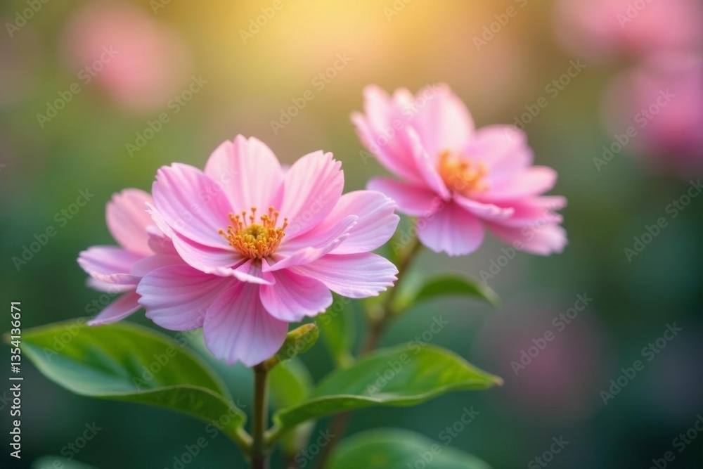 Soft pink flowers and green leaves on a blurred background, nature, pastel, soft Soft pink flowers and green leaves on a blurred background, nature, pastel, soft