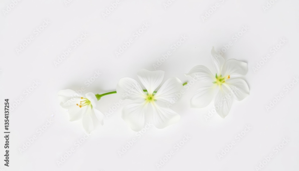 Three delicate white flowers subtly rendered on a white background, light, bright Three delicate white flowers subtly rendered on a white background, light, bright