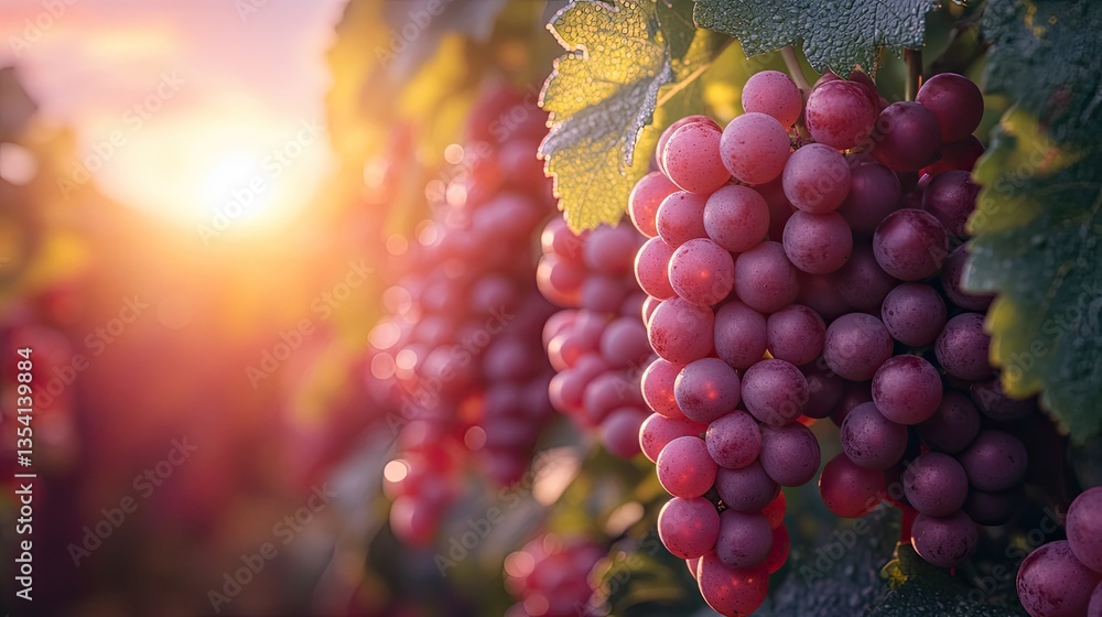 Fototapeta premium Golden sunlight illuminating ripe grapes hanging in a vineyard during the picturesque harvest season at sunset