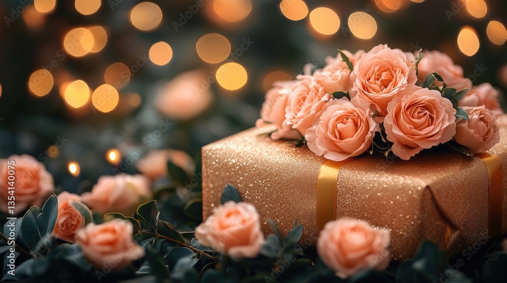 Fototapeta premium Elegant gift box adorned with peach roses, surrounded by soft bokeh lights for a romantic celebration atmosphere