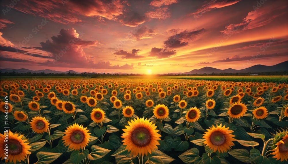 Fototapeta premium A landscape of sunflowers stretching across an agricultural field during sunset, with a soft orange and pink sky in the background. The sunflowers stand tall, creating a beautiful contrast .
