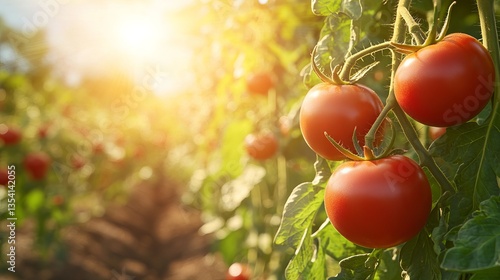 a vibrant and fresh representation of a Florida tomato, with ripe, juicy tomatoes being harvested from a sunlit, lush farm in Florida. The scene should highlight the bright red color of the tomatoes, 