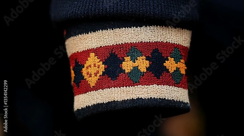 Close-up of a sweater cuff with colorful knit pattern.